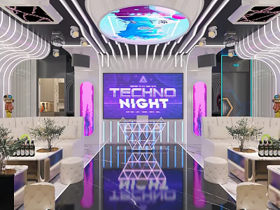 Techno Night Club Interior With Circular Ceiling Purple Lighting Plants And Sofas 3d model