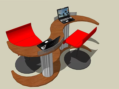Functional Desk with Red Chairs and Laptop Modern Curved Tabletop Metal Pillars 3d model