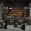 Modern Bar Interior Design With Wooden Shelves Wine Bottles Stone Counter And Green Chairs