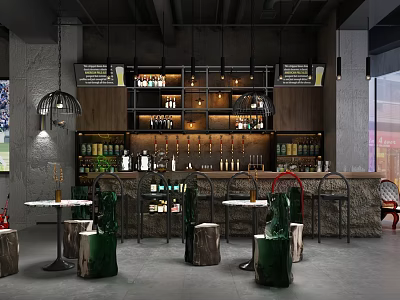Modern Bar Interior Design With Wooden Shelves Wine Bottles Stone Counter And Green Chairs 3d model