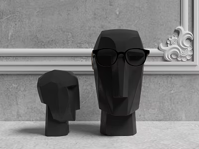 Black Geometric Head Sculptures Large and Small on Grey Wall with White Decorative Molding 3d model