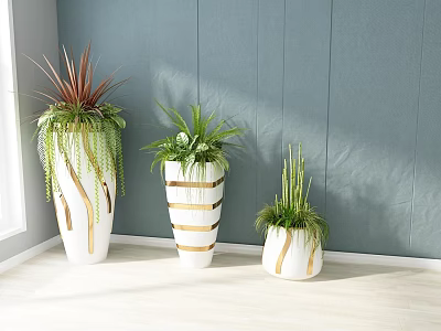 Bonsai Potted Plants In White Gold Striped Pots With Various Green Foliage Against Gray Wall 3d model