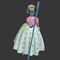 Cute Girl Wearing Pink Hat Blue Top and White Polka Dot Dress Holding Blue Stick