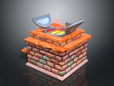 Colorful Brick Furnace Structure With Open Metal Lid Revealing Internal Flame And Molten Liquid 3d model