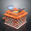 Colorful Brick Furnace Structure With Open Metal Lid Revealing Internal Flame And Molten Liquid