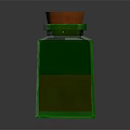 Transparent Square Glass Bottle With Orange Cap And Red Liquid On Dark Background With Reflection