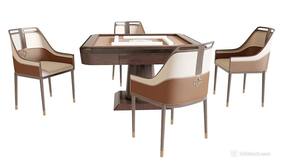 Modern Entertainment Table Design With Wooden Surface And Leather Upholstered Chairs 3d model 