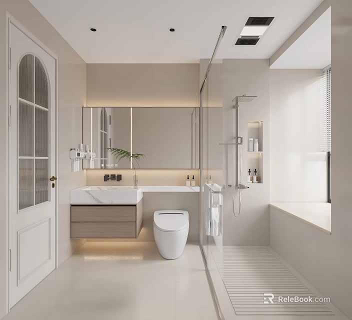 Modern Minimalist Bathroom Interior Design With Wall-Mounted Vanity Mirror Toilet And Glass Shower 3d model 