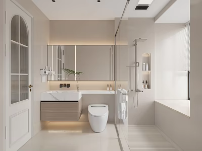 Modern Minimalist Bathroom Interior Design With Wall-Mounted Vanity Mirror Toilet And Glass Shower 3d model