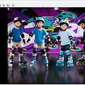 Group Of Kids Roller Skating In Indoor Rink Wearing Helmets And Knee Pads