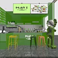 Plan Z Café Interior With Green Walls Open Counter Colorful Stools And Cartoon Sculpture