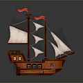 Wooden Sailing Ship Water Transport With Two Masts White Sails And Red Flags