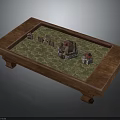Ancient Scene Miniature Model With Wooden Tray And Green Hexagonal Grid Ground
