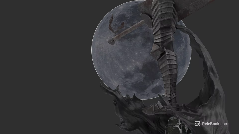 A Man Stands Before Enormous Moon With Intricate Mechanical Sculpture And Rock Formations 3d model 