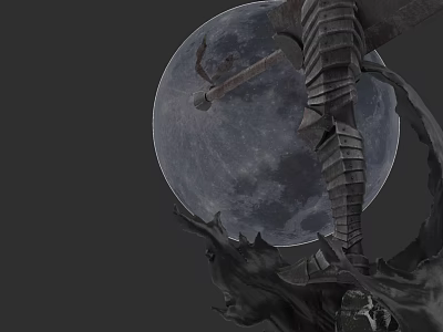 A Man Stands Before Enormous Moon With Intricate Mechanical Sculpture And Rock Formations 3d model