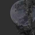 A Man Stands Before Enormous Moon With Intricate Mechanical Sculpture And Rock Formations