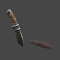 3D Model Knife with Textured Blade Brown Leather Wrapped Handle and Sheath with Metal Accents