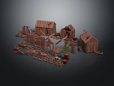 Dilapidated Wooden Houses with Various Structures and Scattered Wooden Components in Ruined Architectural Setup 3d model