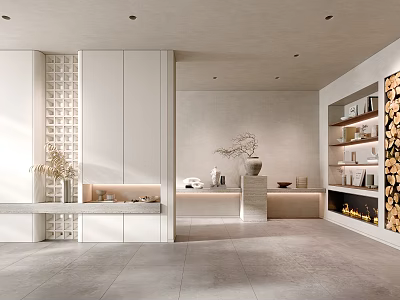 Minimalist Modern Foyer Hallway With White Cabinets Lattice And Ambient Lighting 3d model