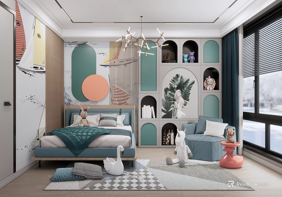 Cozy Modern Kids Room Interior With Sailboat Decor Green Panels And Stuffed Toys 3d model 