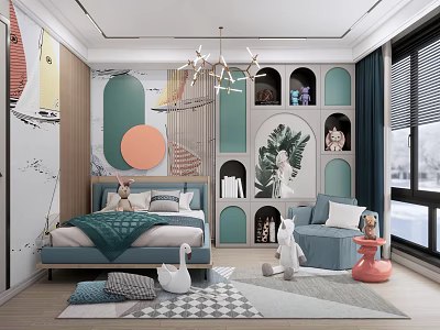 Cozy Modern Kids Room Interior With Sailboat Decor Green Panels And Stuffed Toys 3d model