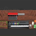Wooden Music Production Workstation With Speakers Keyboard Mixing Gear And Audio Cables