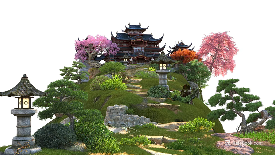 Exquisite Chinese Garden Landscape With Traditional Pavilion Stone Paths Lush Plants And Colorful Blossoming Trees 3d model 
