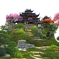 Exquisite Chinese Garden Landscape With Traditional Pavilion Stone Paths Lush Plants And Colorful Blossoming Trees