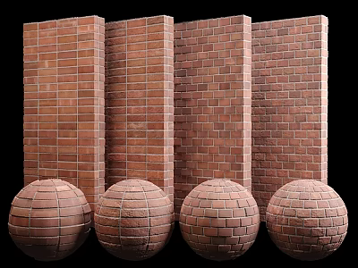 Red Brick Building Components Featuring Vertical Walls And Round Spheres 3d model