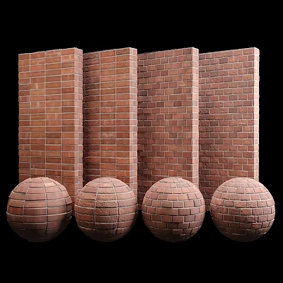 Red Brick Building Components Featuring Vertical Walls And Round Spheres 3d model