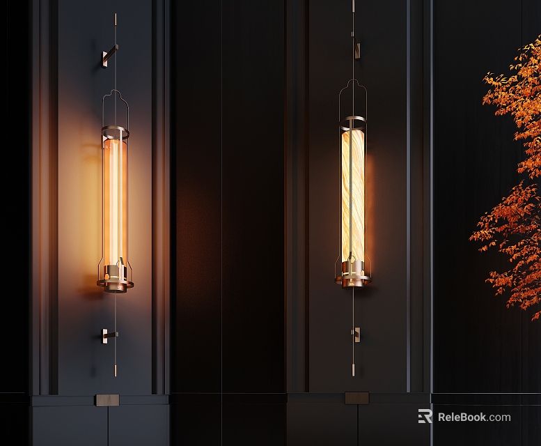 Modern Wall Lamps With Long Tube Lights Warm Light Dark Wall Orange Plant Nearby 3d model 