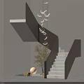Modern Staircase With LED Lit Steps Wooden Handrail And Hanging Pendant Light
