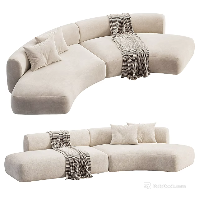 Modern Beige Curved Two Seater Sofa With Soft Fabric Cushions And Plaid Blanket 3d model 