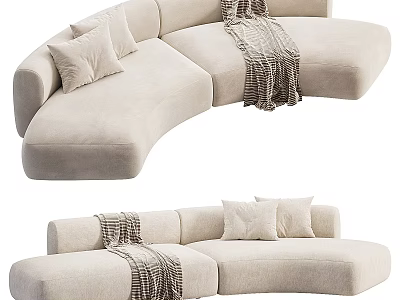 Modern Beige Curved Two Seater Sofa With Soft Fabric Cushions And Plaid Blanket 3d model