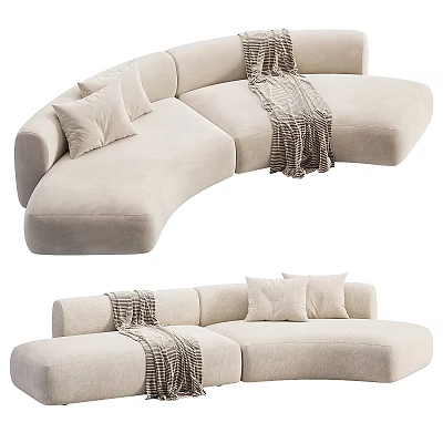 Modern Beige Curved Two Seater Sofa With Soft Fabric Cushions And Plaid Blanket 3d model
