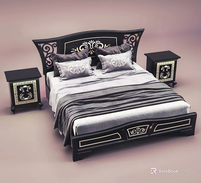 Elegant Black Double Bed With Decorative Headboard Gray Bedding And Two Gold Accent Nightstands 3d model 