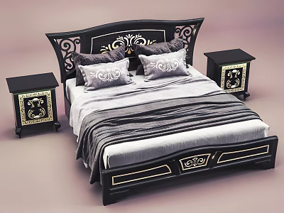 Elegant Black Double Bed With Decorative Headboard Gray Bedding And Two Gold Accent Nightstands 3d model