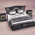 Elegant Black Double Bed With Decorative Headboard Gray Bedding And Two Gold Accent Nightstands