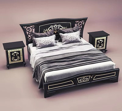 Elegant Black Double Bed With Decorative Headboard Gray Bedding And Two Gold Accent Nightstands 3d model