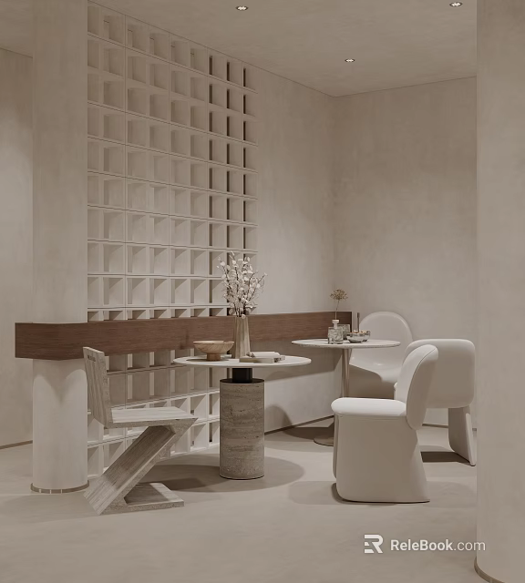 Minimalist Dining Table With Chairs White Seats Round Top Grid Wall In Beige Neutral Tone 3d model 