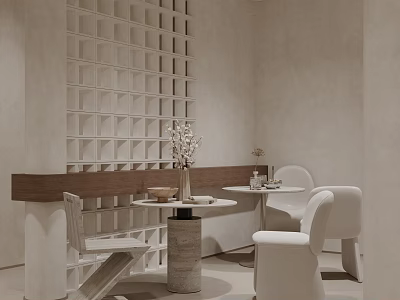 Minimalist Dining Table With Chairs White Seats Round Top Grid Wall In Beige Neutral Tone 3d model