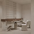 Minimalist Dining Table With Chairs White Seats Round Top Grid Wall In Beige Neutral Tone