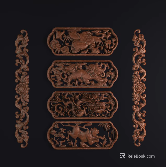 Traditional Wooden Carving Decorative Panels With Intricate Patterns And Side Borders 3d model 