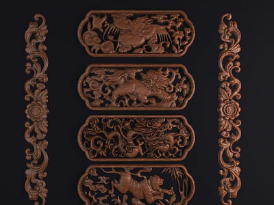 Traditional Wooden Carving Decorative Panels With Intricate Patterns And Side Borders 3d model