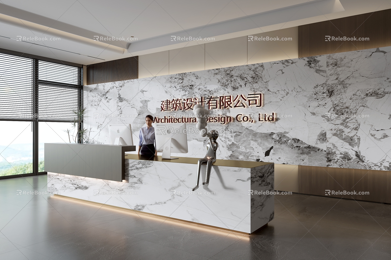 Modern company front desk background wall reception area bar desk reception desk hall simple lobby 3d model