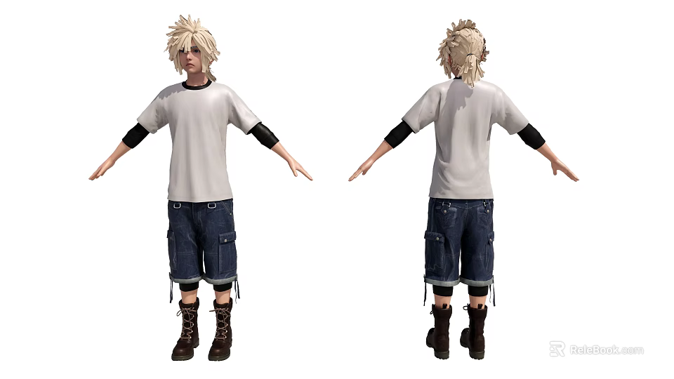 Man in White T-shirt Black Sleeves Blue Cargo Shorts Spiky Blonde Hair Front Back Views 3d model 
