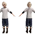 Man in White T-shirt Black Sleeves Blue Cargo Shorts Spiky Blonde Hair Front Back Views 3d model
