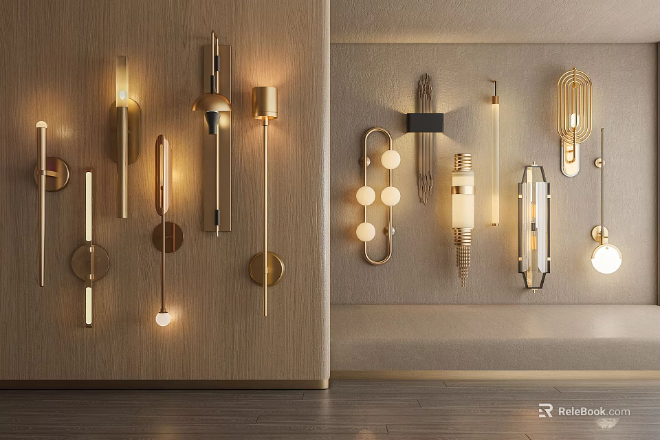 Modern Wall Lamps With Gold Black Finish Round Linear Shapes And Bulbs 3d model 