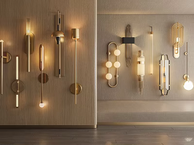 Modern Wall Lamps With Gold Black Finish Round Linear Shapes And Bulbs 3d model