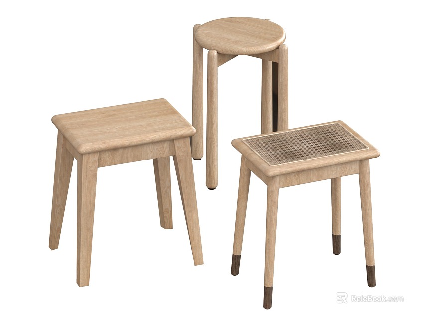 Wooden Bar Stools With Square Round Seats Woven Details And Thin Legs With Black Bottoms 3d model 